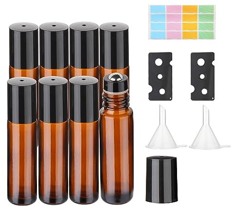 Hyber&Cara 10ml Roll on Glasflaschen für ätherisches öl 8Pcs Roll on öl Flasche Leer Rollon Flaschen für ätherische Öle,Parfüm,Massage mit Edelstahl-Roller Ball,Flaschenöffner, Aufkleber und Trichter