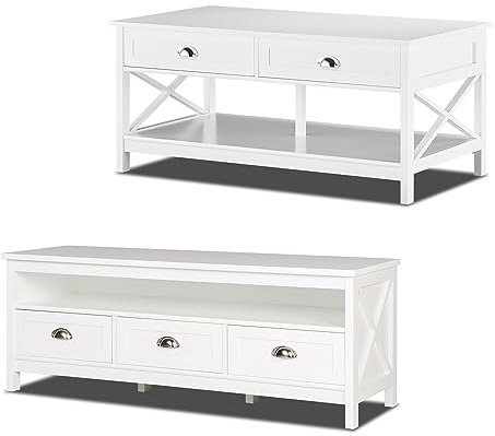 KHG Wohnzimmer Set aus TV-Lowboard und Couchtisch, Holz Weiß, Schubladen, Abstellflächen, Silberne Muschelgriffe, dekorative X-Streben, 4 Füße, maritimer Landhausstil