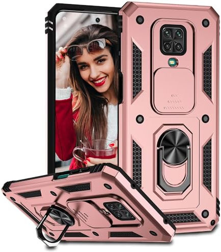 POUHYE Funda para Xiaomi Redmi Note 9S / 9 Pro / 9 Pro MAX Carcasa Original,Silicone TPU + PC Rugged Bumper Case 360°Magnético Anillo Soporte,Cubierta de cámara Deslizante Proteger Carcasa Oro Rosa