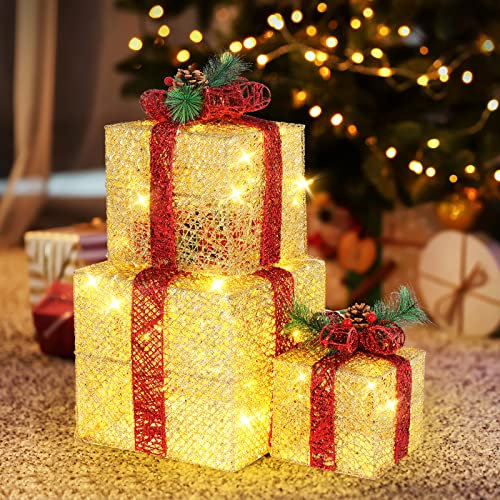Outopee Christmas Lighted Gift Boxes, Set of 3 Outdoor Decorations Pre-lit 60 LED Lights for Xmas Tree Presents - Indoor/Outdoor Holiday Party and Home Decor