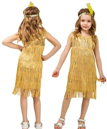 Happy Cherry Latein Tanzkleid für Mädchen Pailletten Fransenkleid 20er Salsa Samba Rumba Quaste Kleid Kinder Glänzende Performance Tanz Kostüme 10-12 Jahre