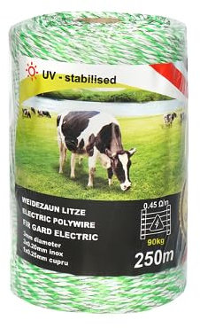 Filo per recinto elettrico, Lunghezza 250 MT, Ø3mm 3x0.2mm SS 1x0.25mm Cu, 0.45 Ohm/m, colore Bianco/Verde, Recinzioni Elettriche Breckner Germany