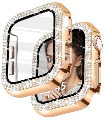 Newlibery Glitzer Diamanten Hülle für Damen, Kompatibel mit Apple Watch 41 mm, Hart PC Bumper Case mit HD Gehärtetes Displayschutz Folie für iWatch Series 7/8/9 - Roségold 41mm