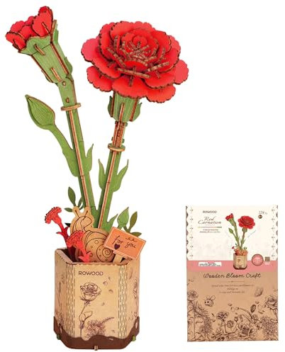 ROWOOD Puzzle 3D, Fleur en Bois, kit de modélisation de Fleurs artificielles à Assembler pour Adultes (Red Carnation)