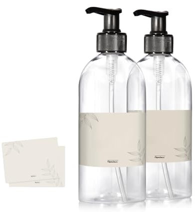 Oputec 2 x 500ml Seifenspender aus Kunststoff + Etiketten: Shampoo Flaschen zum Befüllen als Duschgel Spender, Pumpspender, Pumpflasche - Behälter zum Befüllen für Küche Badezimmer
