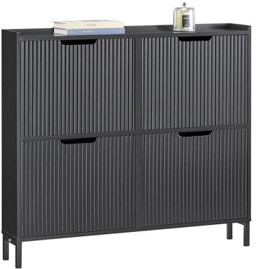 SoBuy Narrow Shoe Rack with 4 Flip Drawers Slim Wooden Shoe Storage Cupboard for Hallway Entrance Foyer or Understairs Black W100 x D19 x H91cm FSR177-L-SCH