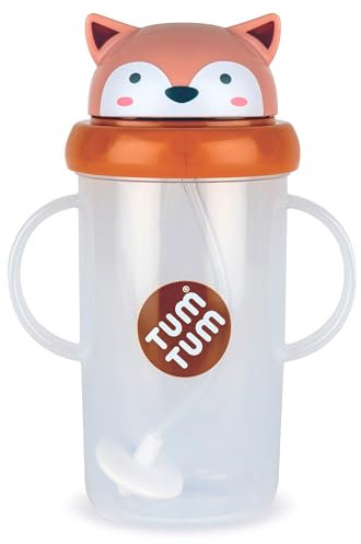 TUM TUM Tasse avec paille lestée, Tasse anti-fuite, Tasse d’Apprentissage pour Bébé, Couvercle Rabattable, Paille en Silicone (Fergus le Renard 300ml)