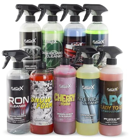 FULLCARX Kit Limpieza Coche Exterior Interior Detailing, Limpia Llantas, Tapicería, Renovador Plásticos Salpicaderos, Champú PH Neutro y Alcalino Rosa, Cera Carnauba, APC Listo al Uso Limpiacristales