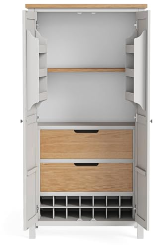 RoselandFurniture Farro Grey Kitchen Larder Cabinet for Dining Room | 2 Door Storage, Wooden Pantry Cupboard with Wine Rack and Oak Top, Contemporary Coastal Style, H185cm W95cm D50cm