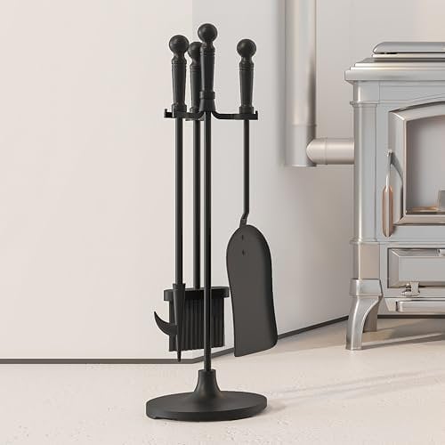 Kingson 4-teiliges Kaminwerkzeug-Set aus Gusseisen, inklusive Bürste, Schaufel, Schürhaken, Ständer, Durchmesser 16,5 x 53 cm, Kaminbegleiter-Set