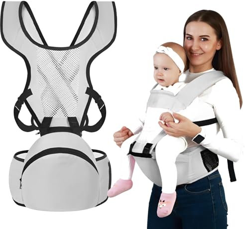 KATLKIU Marsupio Neonato Ergonomico 0-36 Mesi, Porta Bebè con Sedile Multifunzionale, Cotone Traspirante per Massimo Comfort e Supporto (Grigio)