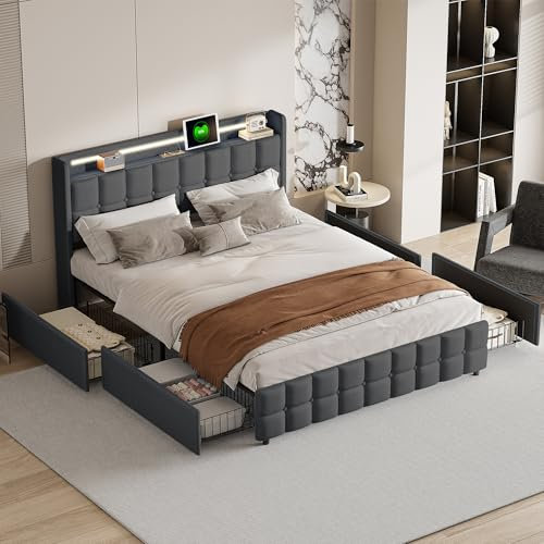 Cama doble con 4 cajones, Cama tapizada con almacenamiento cama doble acolchado con somier LED y USB cama de 160 x 200 cm con cama de 2 personas (Gris-A, 160 x 200)