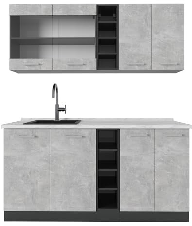 Vicco Singleküche R-Line, Küchenzeile Single, Beton/Anthrazit, 160 cm, AP Marmor