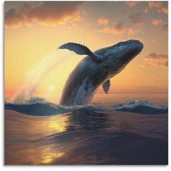 Poster mit Meerestieren, Wal, der in glitzernden Wellen springt, dekoratives Gemälde, Leinwand, Wandposter und Kunstdruck, moderne Familienschlafzimmer-Dekoration, Poster, 30 x 30 cm