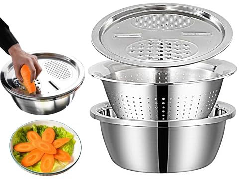 Multifunctional Stainless Steel Basin | Large Capacity Colander Basin Mixing Bowl Set | 3in 1 Multifunctional Kitchen Grater | Germany Drain Basin Colander Strainer for Kitchen for Fruit Vegetable