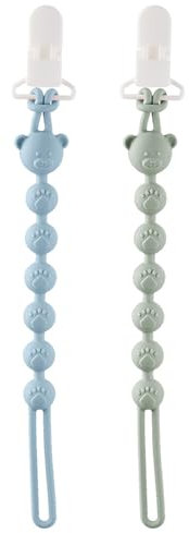 2 Pack Silicone Dummy Clip, Secure Dummy Clip for Boys & Girls, Baby Dummy Clip with Soft Bear Design, Fits Pacifiers & Teething Toys, Blue & Green Colours