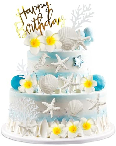 21 Stück Hawaiianische Tortendekorationen, Tropische Tortendekorationen, Blumen-Kuchendekoration, mit Seestern, Seepferdchen, Hülse, Koralle, Happy Birthday Kuchendekoration