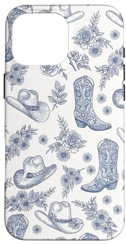 Western Blue Cowboy Boots Hats & Floral Pattern Cowgirl Case for iPhone 16 Pro Max