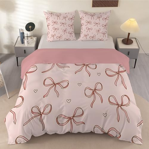 dyausi Housse de Couette 90x190 Nœud Papillon Parure de Lit 1 Personne en Microfibre, Mignon Cœur, Ensemble de Literie avec Taies d'oreiller 65x65, Rose G21