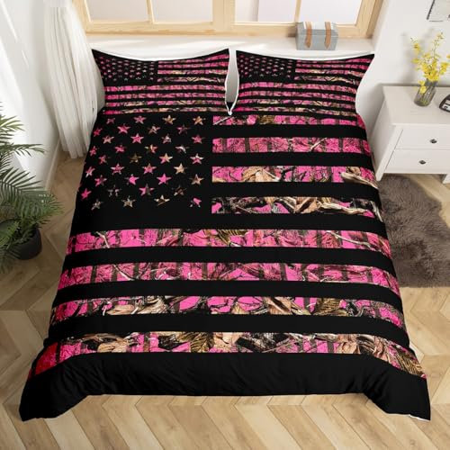 richhome Juego de ropa de cama con diseño de bandera americana, tamaño Super King, diseño de camuflaje rosa intenso para niños y adolescentes, caza de ramas, juego de funda de edredón transpirable