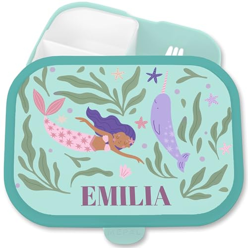 Shirtracer Mepal Brotdose Kinder personalisiert Meerjungfrau Wal Name | Türkis, 750 ml, Einschulung, Schultüte, Schulkind, Ozean, mit Fächern, Vesperbox, Snackbox, spülmaschinenfest, Schule