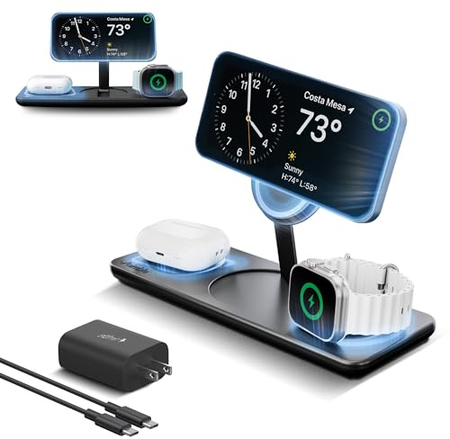 Nimble Podium 3-in-1 Wireless Charging Station für Apple, Qi2-zertifizierter 15W Magsafe Charger Stand, Wireless Ladegerät für iPhone 17 16 15 14 13 - Apple Watch - Airpods Serie (Charger & USB-C