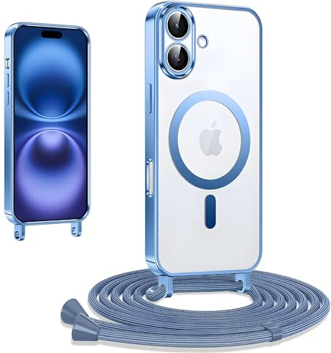 CaseLover Magnetische Handyband kompatibel mit iPhone 17 6.3 Hülle mit Band, Klare Silikon Necklace Handyhülle mit Kordel zum Umhängen Stossfest mit Kameraschutz Bumper Schutzhülle Case, Blau