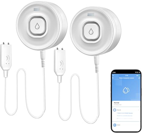 Wi-Fi-Wasserleckdetektor, 100dB Einstellbarer Audioalarm-Sensor, empfindlicher Leck- und Tropfenalarm mit Remote E-Mail/APP Push, geeignet für Zuhause und Keller 2 Stück