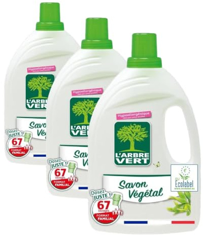L'Arbre Vert Lessive Ecolabel Savon Végétal - Hypoallergénique - 67 Lavages - 94% d'ingrédients d'origine naturelle - 3.015L (Lot de 3)