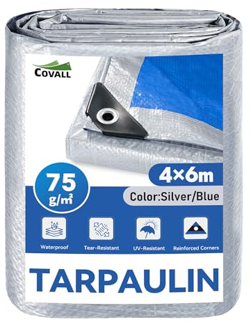 COVALL Bâche 4X6m 75g/m² Bâche de Protection extérieure imperméable | Bâche Double Face Bleu Argenté,résistante au gel et aux UV, pour jardin, tonnelle, camping, meubles, abri de jardin