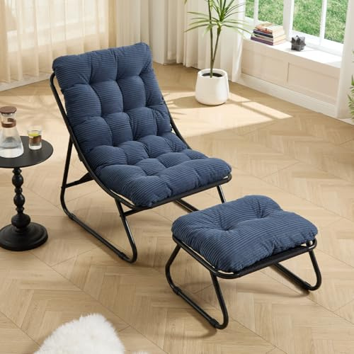 LIFEISLE Ohrensessel Loungestuhl mit Fußstütze, Lazy Chair mit Vollstahlrahmen, Freizeit Liegenstuhl im Hängemattenstil, Lesesessel für Wohnzimmer, Dunkelblau
