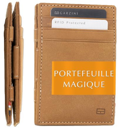 Garzini Portefeuille Magique Homme Cuir Véritable, 10 Fentes Cartes, Porte Carte RFID Protection, Portefeuille Minimaliste et Fin - Porte Feuille Homme, Couleur Camel Brown