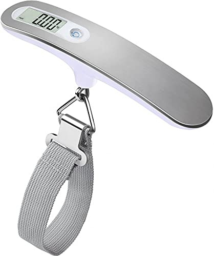 QUMOX Pèse-bagages numérique portable - Balance électronique à suspendre pour bagages - 50 kg - Rétroéclairé avec fonction tare - Léger - Argenté