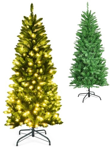 GYMAX 4.5FT/5FT/6FT/6.5FT/7.5FT Pre-Lit Green Christmas Tree, Premium Hinged Artificial Pencil Tree with Warm White LED Lights, Xmas Traditional Decoration for Home, Office, School and Shop(5FT)