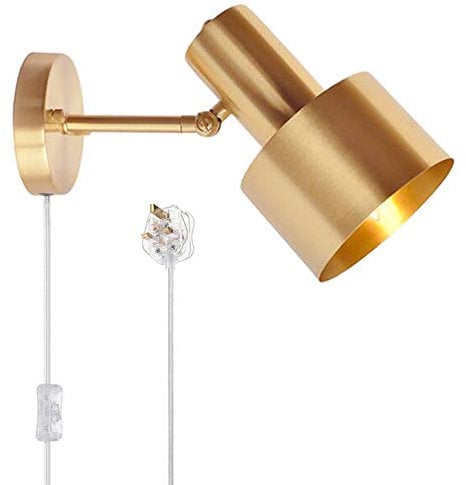 FSLiving Brass Swing Arm Wall Light (Plug-in or hardwire) with 5.9ft Clear Plug-in Cord and Button Switch for Bedside, Dining Room, Hallway Modern Style Wall lamp E27 Socket