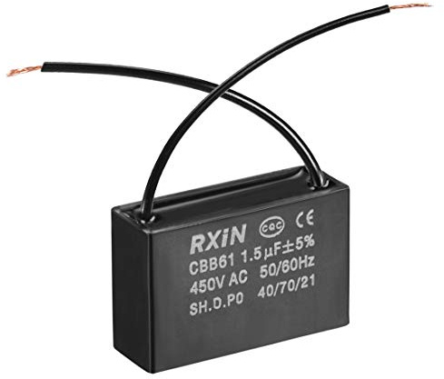 sourcing map Ceiling Fan Capacitor CBB61 1.5uF 450V AC 2 Wires Metalized Polypropylene Film Capacitors 36.5x11x24.5mm for Water Pump Motor Generator