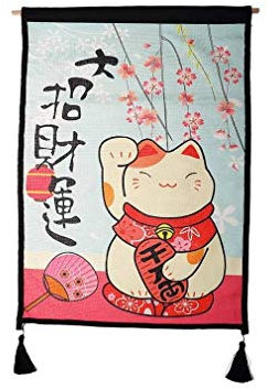 lachineuse - Tapisserie Murale Japonaise Maneki Neko Sakura - Décoration Japonaise à Suspendre - 65 x 45 cm - Chat Japonais Kawai - Lucky Cat - Tableau Mur - Fleurs de Cerisier - Idée Cadeau Japon