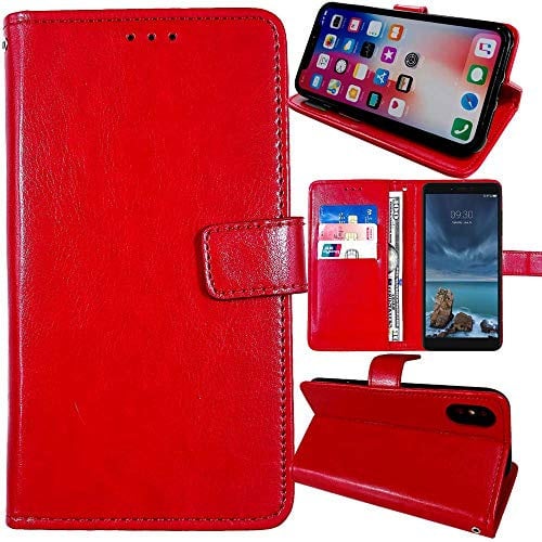 Dingshengk Book Stand Premium Retro Business Flip Leather Protector Case For Alcatel Tetra 4G LTE 5041C 5 Magnetic Card Slot Wallet Protective Bumper Folio Pouch (Red)