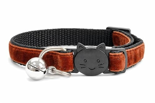 Velvet Cat Collars with Bell | Quick Safety Release Breakaway Buckle | Handmade in the UK | Available in Cat & Kitten Size | Brown Velvet
