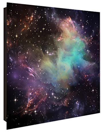 banjado® Großer Schlüsselkasten Glas/Schlüsselbox 30cm x 30cm mit 50 Haken - Motiv Im Weltall 2 /Schlüsselkasten modern für Schlüsselaufbewahrung mit beschreibbarer, magnetischer Glastür