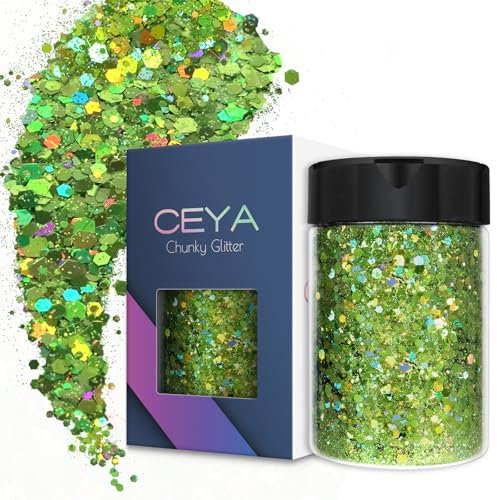 Ceya Holographic Chunky Glitter, 4.9oz/ 140g Light Green Craft Glitter Powder Mixed Chunky & Fine Flakes Iridescent Nail Sequins for Nail, Hair, Epoxy Resin, Tumblers, Slime, Painting, Festival Decor