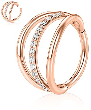hengkaixuan 16G CZ Nasenringe 316L Triple Stacked CZ Knorpelohrringe Conch Hoop Ringe Septum Ear Cuff Helix Clicker Scharnierring Unisex Lip Hoop Ohrringe Tragus Piercing Schmuck 8mm Roségold