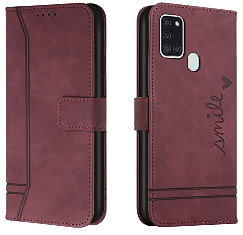 Lihondar Kompatibel mit Samsung Galaxy A21S Hülle, Handyhülle Samsung A21S, A21S Leder Klappbar Schutzhülle Tasche Wallet [Ständer] Brieftasche Cover Flip Case für Samsung A21S Klapphülle (Rot)