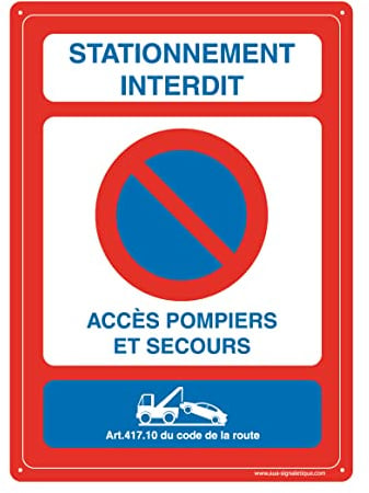AUA SIGNALETIQUE - Panneau De Signalisation en PVC Rigide et Compact 1.5 mm. (315 x 440 mm, Stationnement Interdit Accès Pompiers)