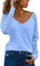 Homlan Blusa de rayas, de manga larga, para mujer, cuello de pico, de malla, suelta, elegante, informal, azul claro, M