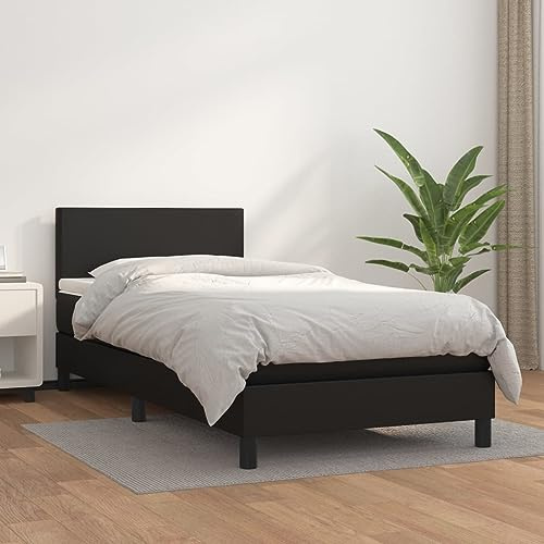 vidaXL Boxspringbett mit Matratze Einzelbett Kunstlederbett Polsterbett Bettgestell Bett Hotelbett Schlafzimmerbett Bettrahmen Lattenrost Schwarz 90x200cm