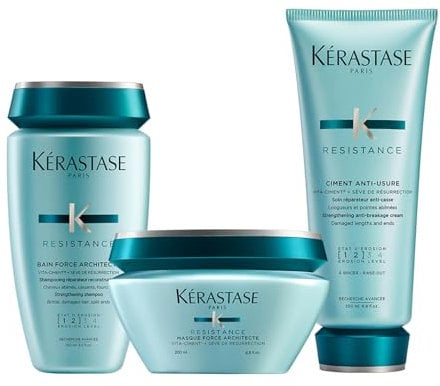 Kérastase, Résistance, Pflegeroutine mit Shampoo, Haarmaske und Hitzeschutz, Für geschädigtes und strapaziertes Haar, Aufbauend und stärkend