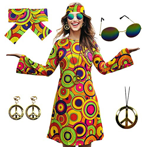 MRYUWB 70er-Hippie-Kleid-Kostüm für Damen, mit Halskette, Ohrringe, Sonnenbrille, Disco-Kostüm, 60er-Party-Kostüm, Halloween Retro-Kleider (Vintage-Kleid mit Kreismuster, 3XL)