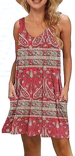 WNEEDU Damen Leichte Sommerkleid V-Ausschnit Swing Tank-Kleid Ärmellos Strandkleid Knielang mit Taschen