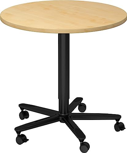 bümö Säulenhubtisch höhenverstellbar, Stehtisch Büro, Bistrotisch rund 80 x 80 cm - Besprechungstisch Ahorn, Stehtisch Holz-Platte, Säule aus Metall in schwarz, Säulentisch, Hochtisch